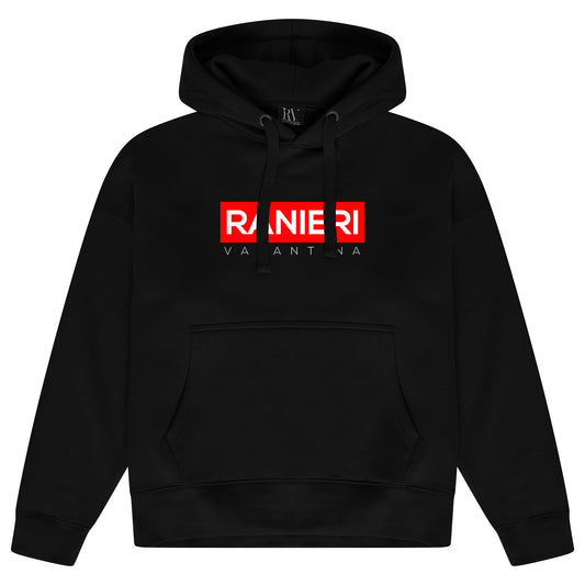 Black oversized hoodie featuring a bold red box graphic printed prominently on the chest, adjustable drawstring hood, and ribbed cuffs and hem.