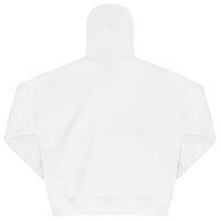 Laid-flat white hoodie showing the back, ribbed cuffs and hem, adjustable drawstrings, and relaxed oversized fit.