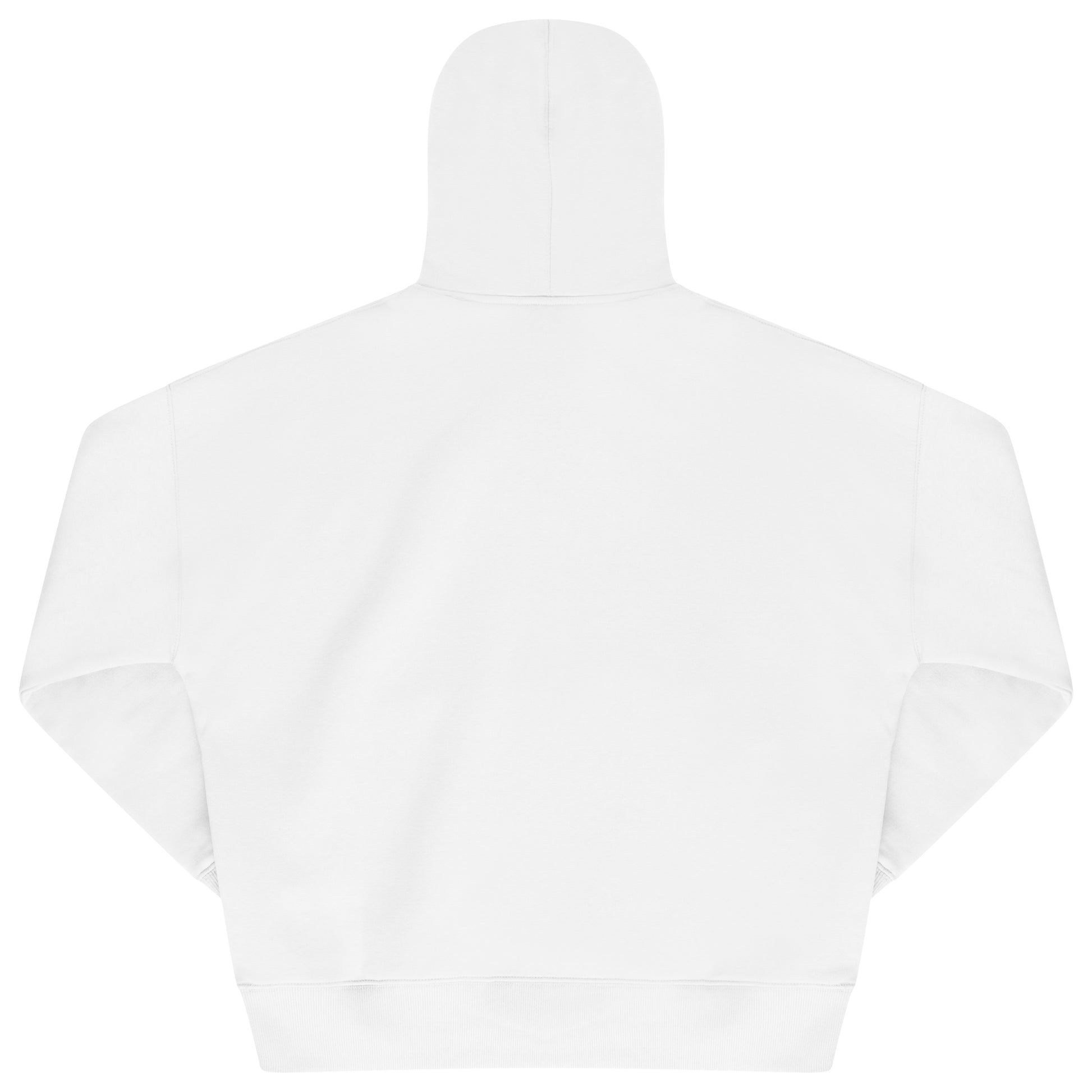 Laid-flat white hoodie showing the back, ribbed cuffs and hem, adjustable drawstrings, and relaxed oversized fit.