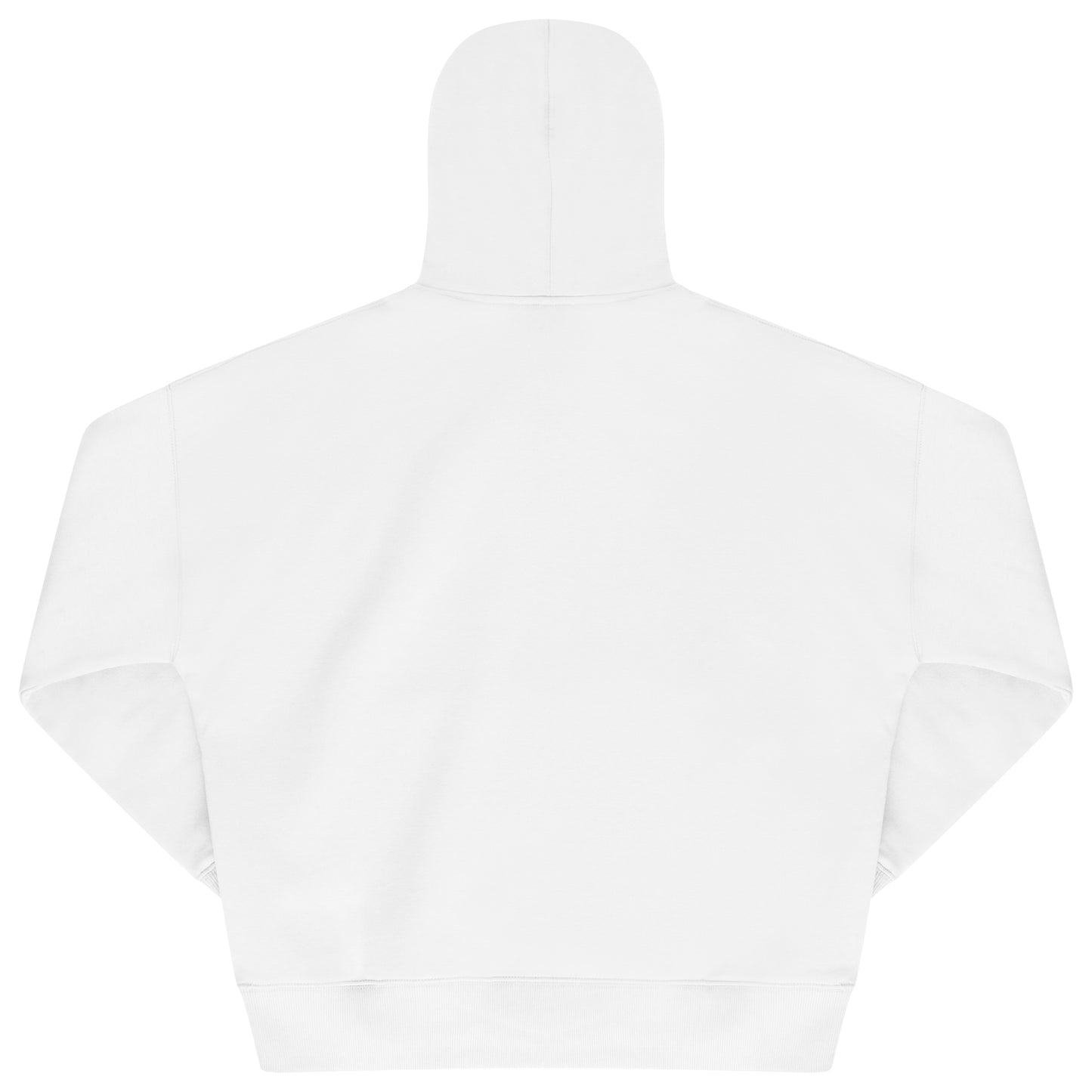 Laid-flat white hoodie showing the back, ribbed cuffs and hem, drawstrings, and relaxed oversized fit.