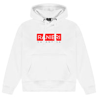 White oversized hoodie featuring a bold red box graphic printed centrally on the chest, adjustable drawstring hood, and ribbed cuffs and hem.