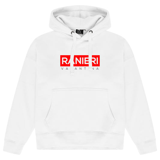 White oversized hoodie featuring a bold red box graphic printed centrally on the chest, adjustable drawstring hood, and ribbed cuffs and hem.