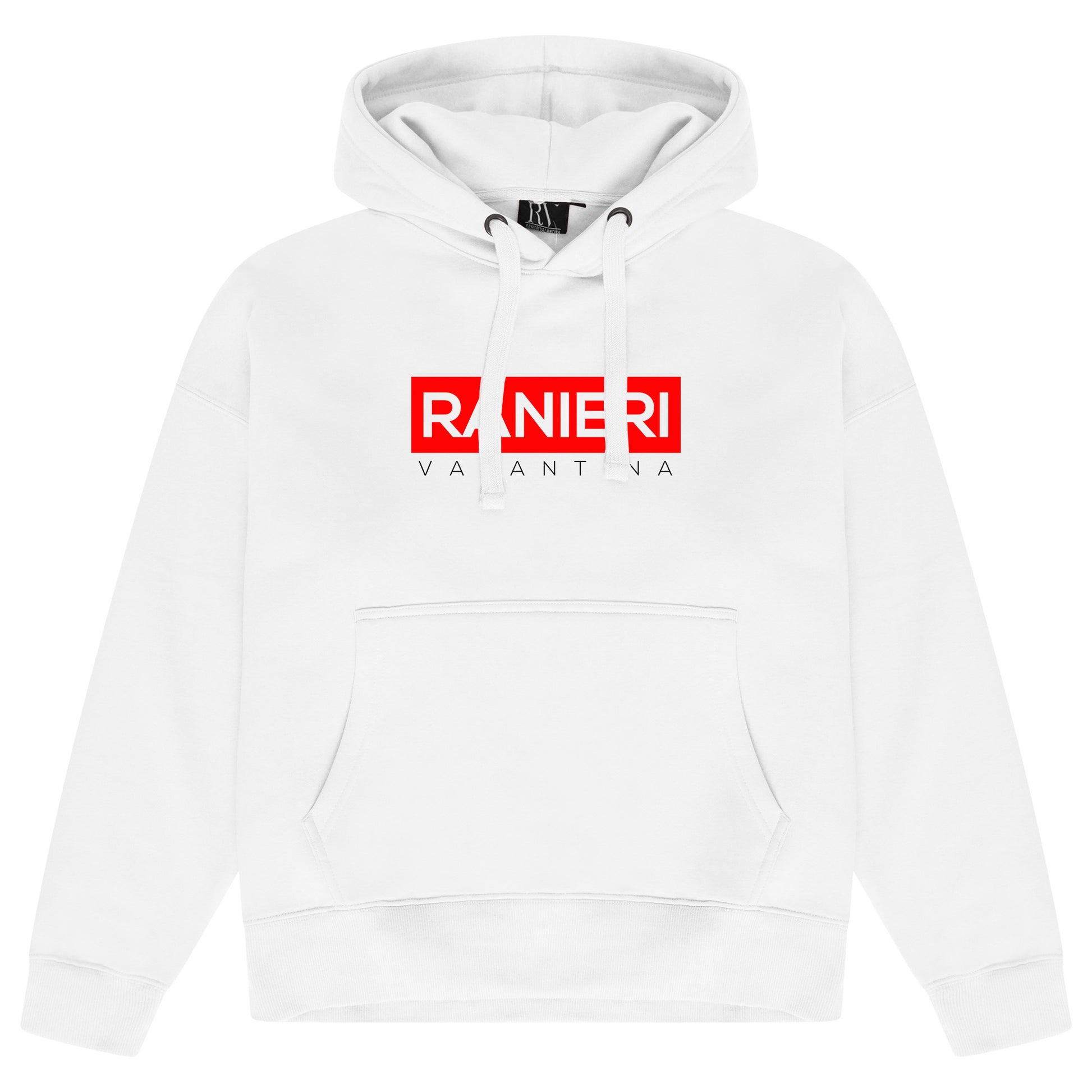White oversized hoodie featuring a bold red box graphic centrally printed on the chest, adjustable drawstring hood, and ribbed cuffs and hem.