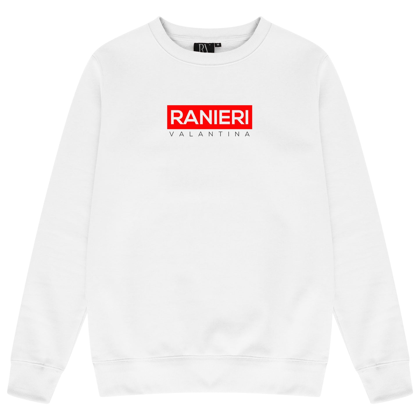 White oversized sweatshirt featuring a bold red box graphic printed centrally on the chest, adjustable drawstring hood, and ribbed cuffs and hem.