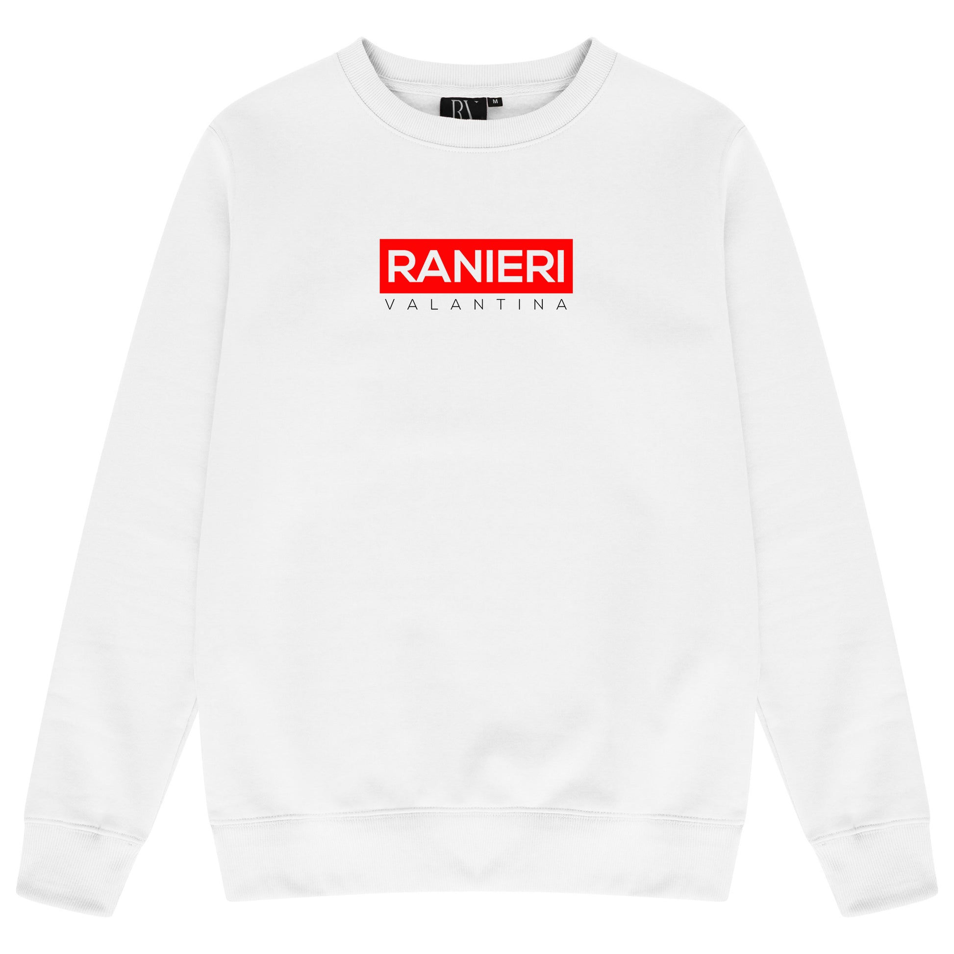 White oversized sweatshirt featuring a bold red box graphic printed centrally on the chest, adjustable drawstring hood, and ribbed cuffs and hem.