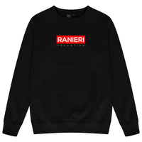 Black oversized sweatshirt featuring a bold red box graphic centered on the chest, classic crew neckline, ribbed cuffs and hem.