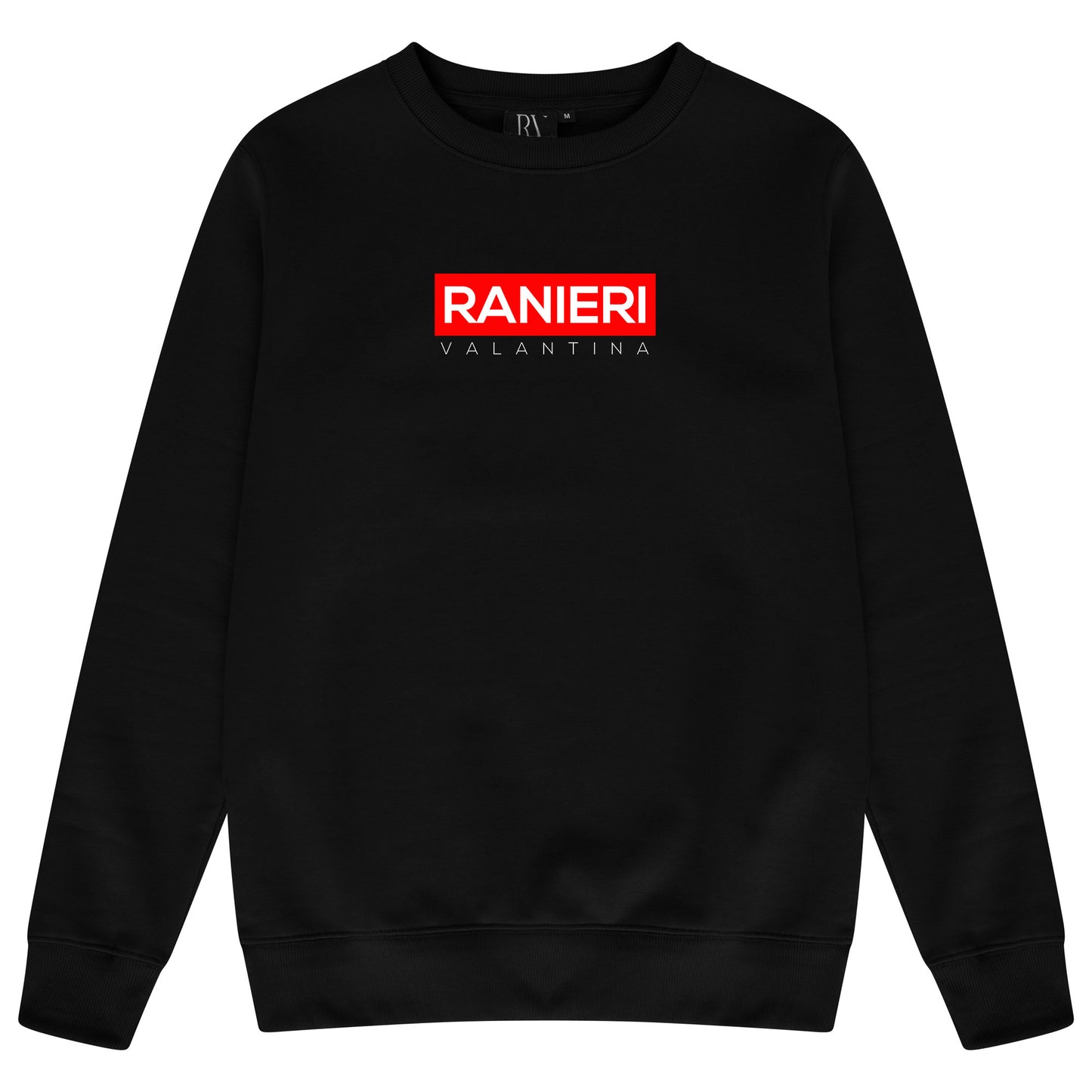 Black oversized sweatshirt featuring a bold red box graphic centered on the chest, classic crew neckline, ribbed cuffs and hem.