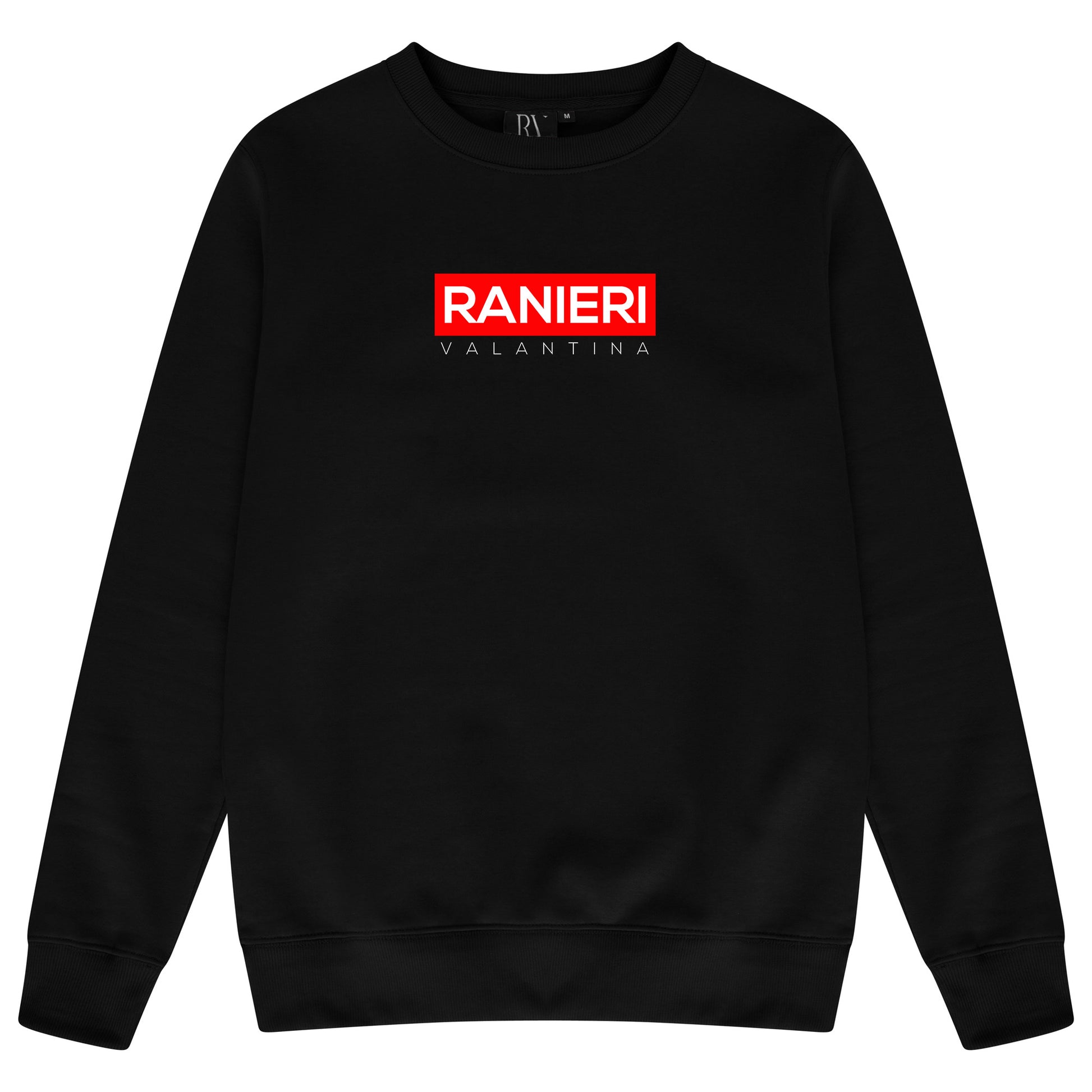 Black oversized sweatshirt featuring a bold red box graphic centered on the chest, classic crew neckline, ribbed cuffs and hem.