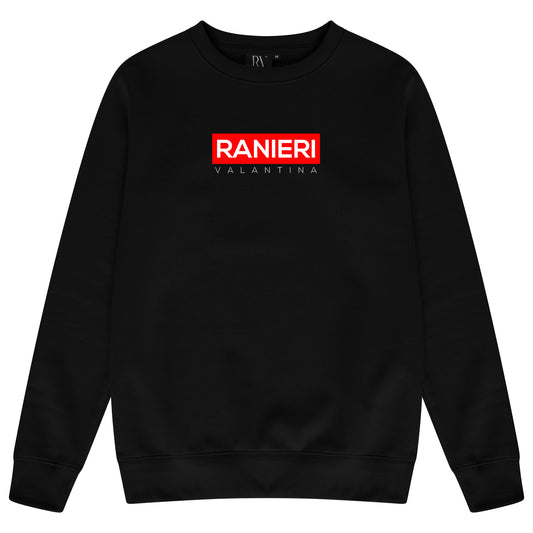Black oversized sweatshirt featuring a bold red box graphic centered on the chest, classic crew neckline, ribbed cuffs and hem.
