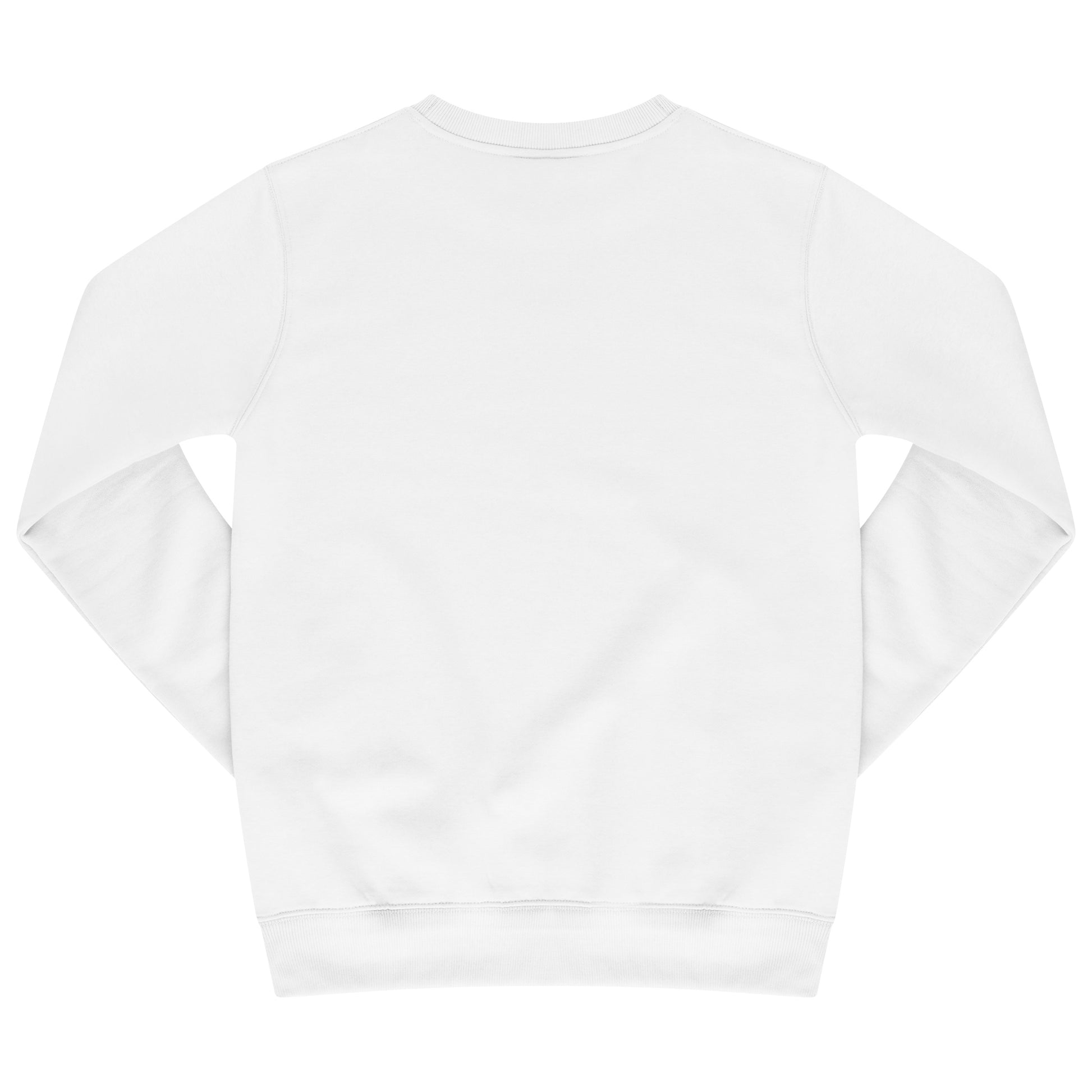 Laid-flat white sweatshirt showing the plain back, ribbed cuffs and hem, and relaxed oversized silhouette.