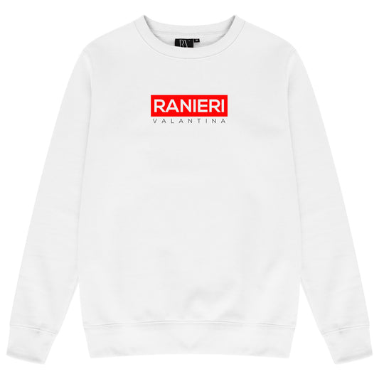White oversized sweatshirt featuring a bold red box graphic prominently centered on the chest with a classic crew neckline, ribbed cuffs, and hem.