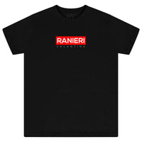 Black women’s T-shirt featuring a bold red box graphic printed centrally on the chest with classic crew neckline and short sleeves.