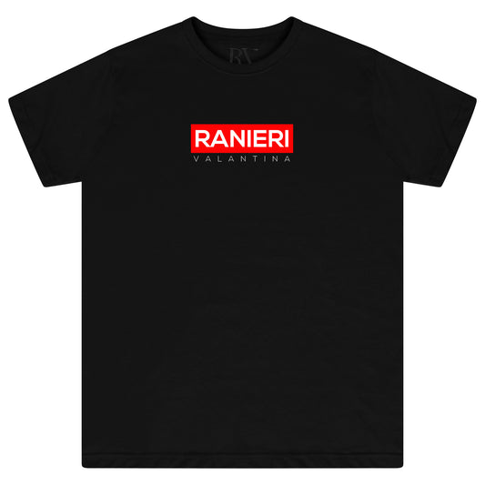 Black women’s T-shirt featuring a bold red box graphic printed centrally on the chest with classic crew neckline and short sleeves.