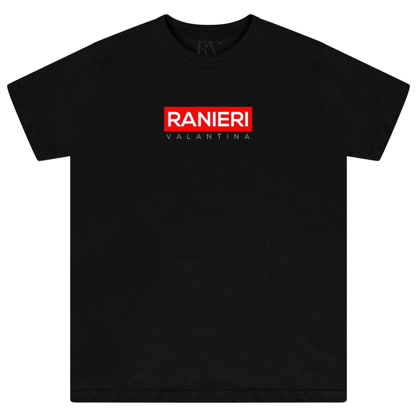 Black oversized T-shirt with a bold red box graphic centered on the chest, classic crew neckline, and short sleeves.