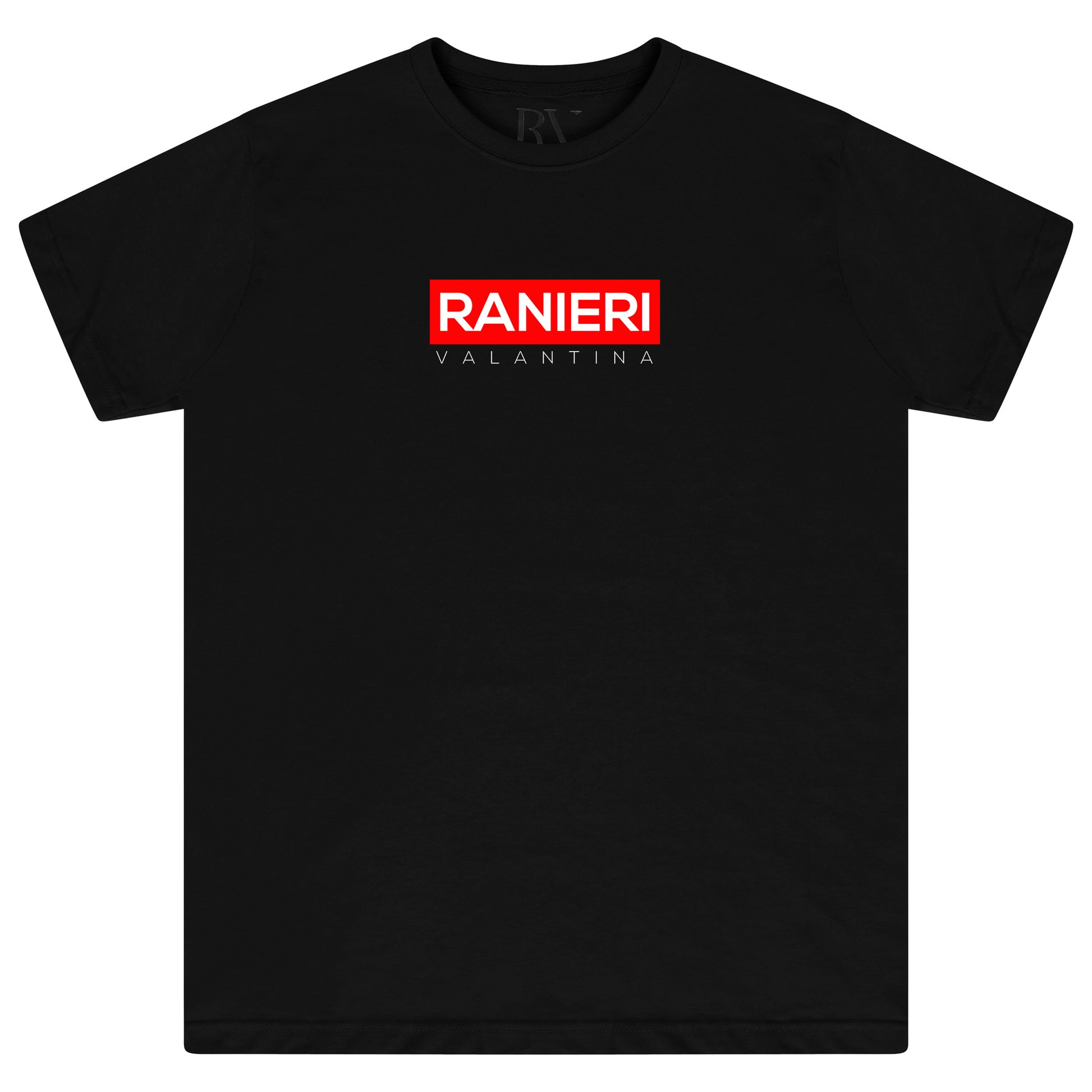 Black oversized T-shirt with a bold red box graphic centered on the chest, classic crew neckline, and short sleeves.