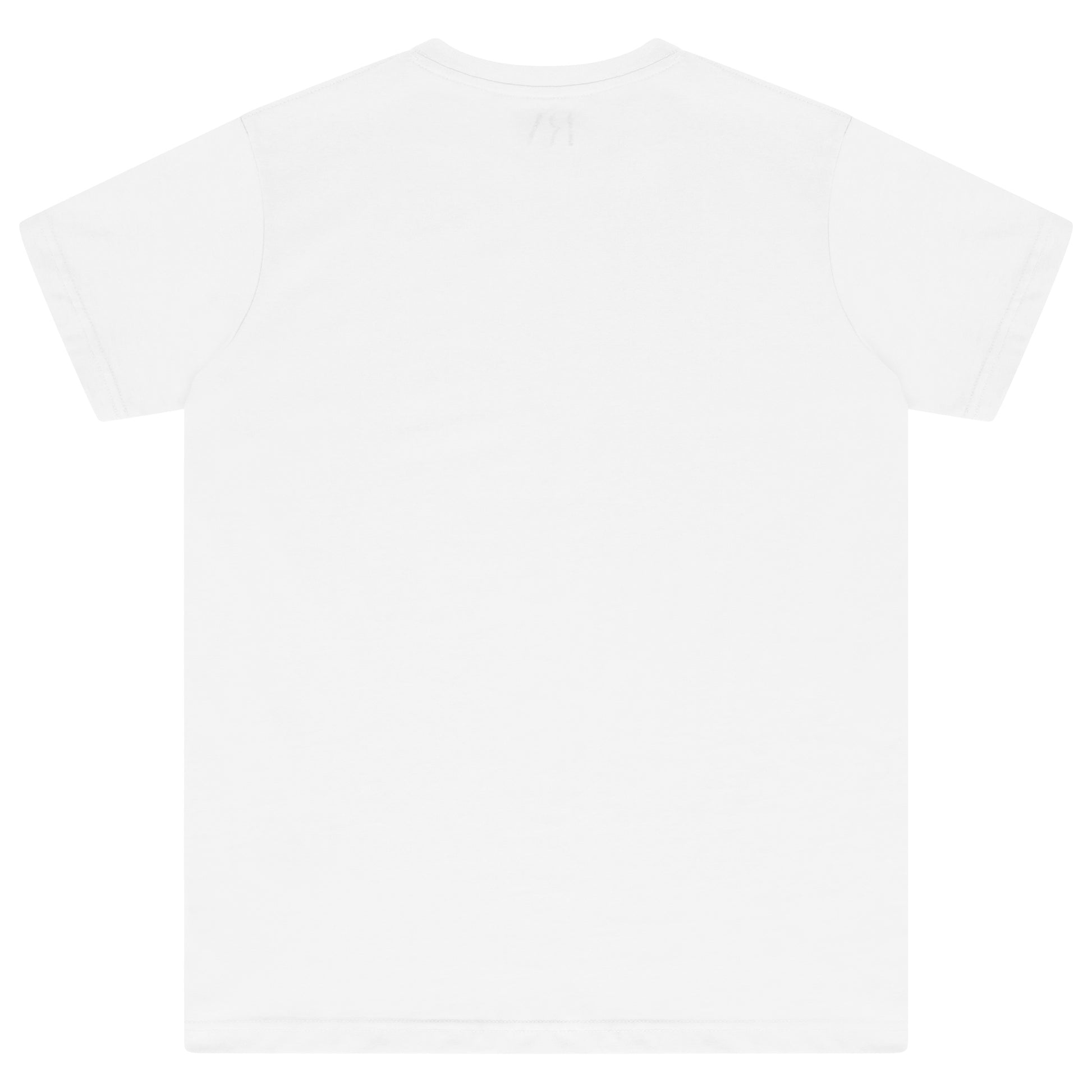 Laid-flat white T-shirt showing the plain back, short sleeves, and relaxed fit silhouette.