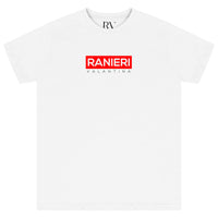 White oversized T-shirt featuring a bold red box graphic printed centrally on the chest with a classic round neckline and short sleeves.