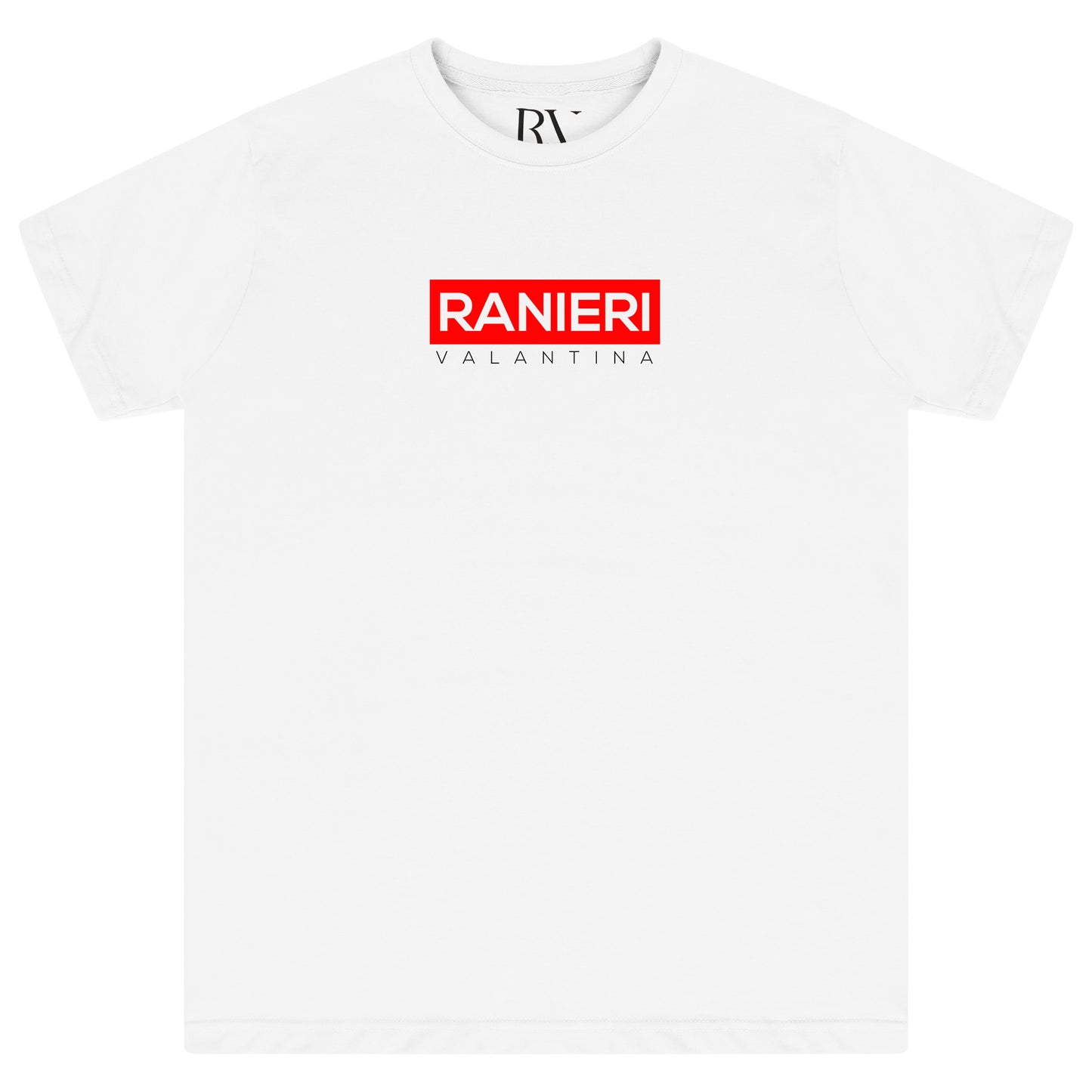 White oversized T-shirt featuring a bold red box graphic printed centrally on the chest with a classic round neckline and short sleeves.