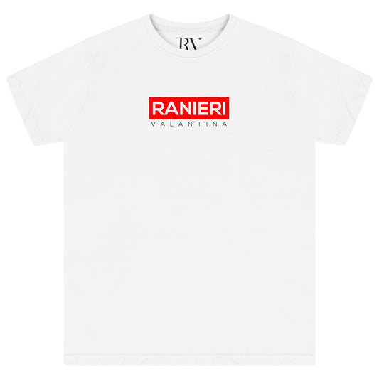 White oversized T-shirt featuring a bold red box graphic printed centrally on the chest with a classic round neckline and short sleeves.