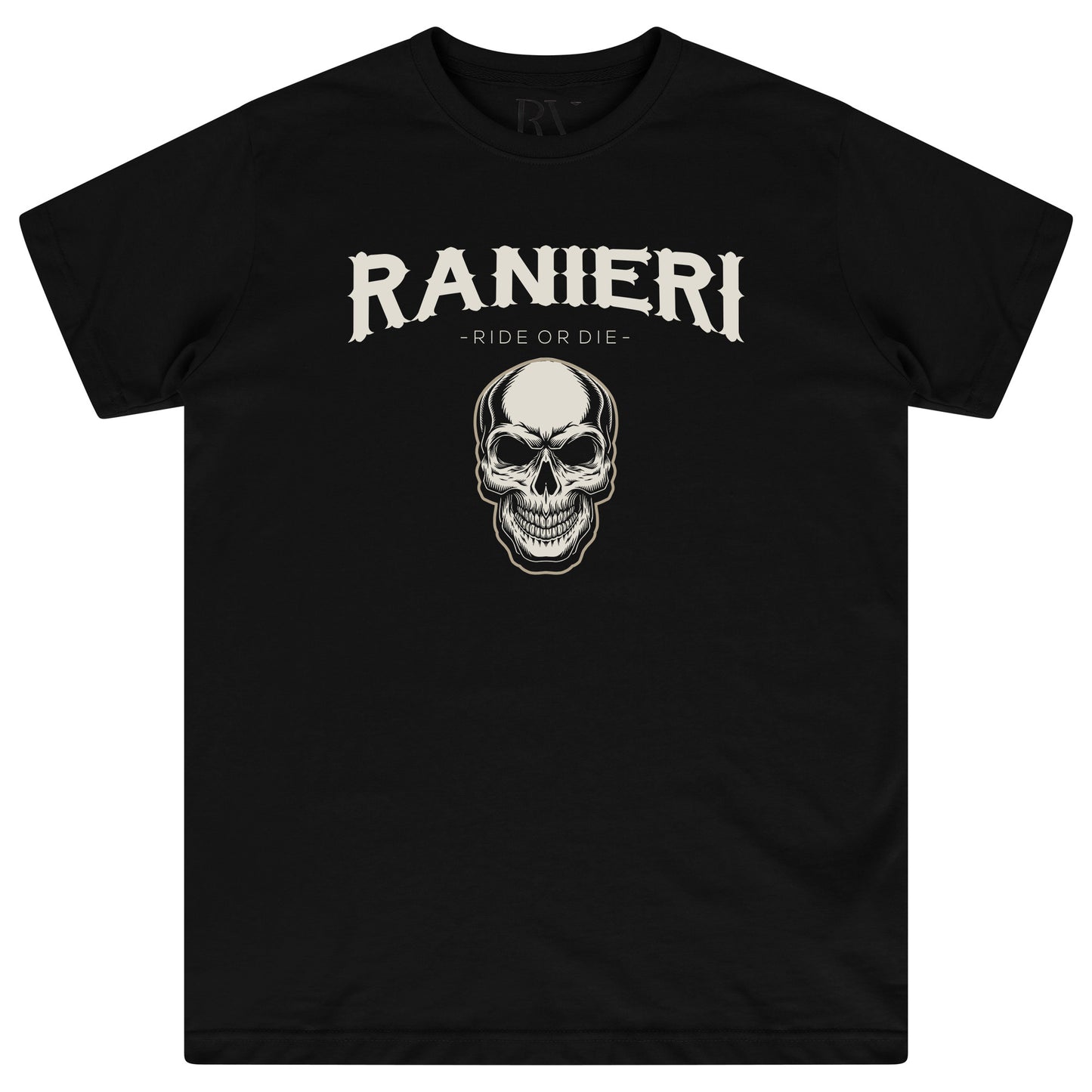 Black oversized T-shirt featuring a bold white “Ride or Die” graphic print centered on the chest with a round neckline and short sleeves.