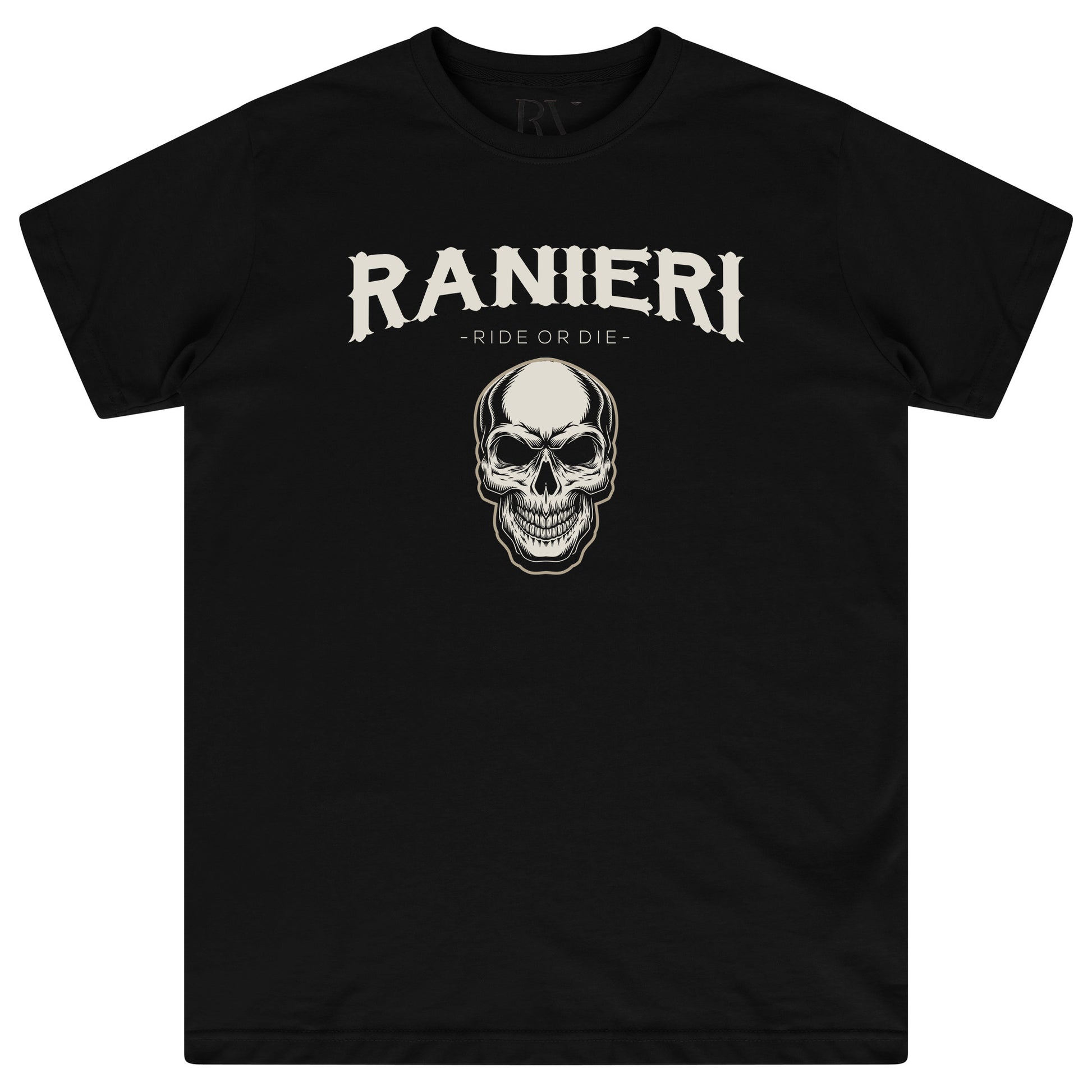 Black oversized T-shirt featuring a bold white “Ride or Die” graphic print centered on the chest with a round neckline and short sleeves.