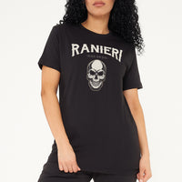 Model image: Woman wearing the black Ride or Die Oversized T-Shirt styled with casual bottoms, highlighting the front “Ride or Die” print and comfortable fit.
