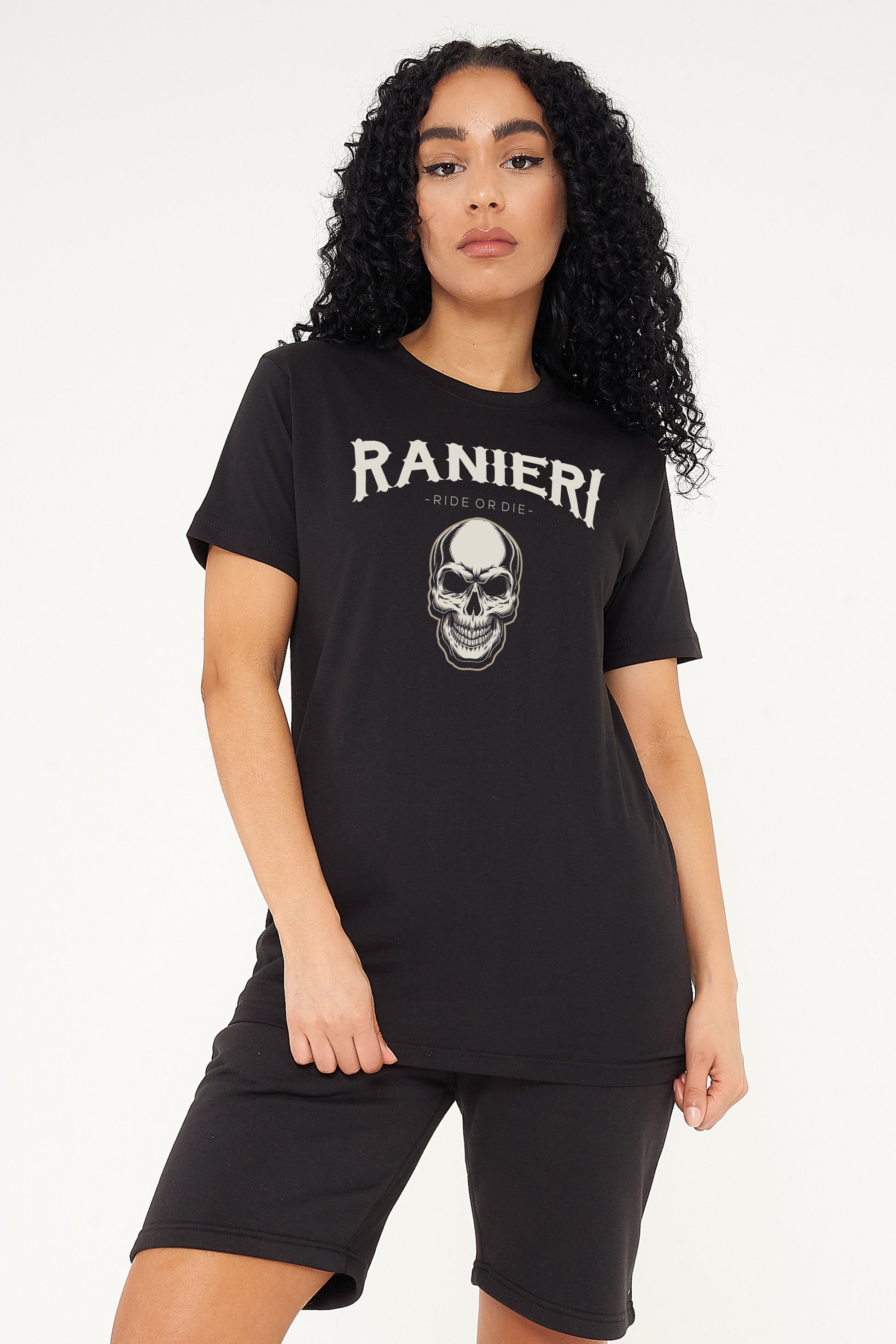 Model image: Woman wearing the black Ride or Die Oversized T-Shirt styled with casual bottoms, highlighting the front “Ride or Die” print and comfortable fit.