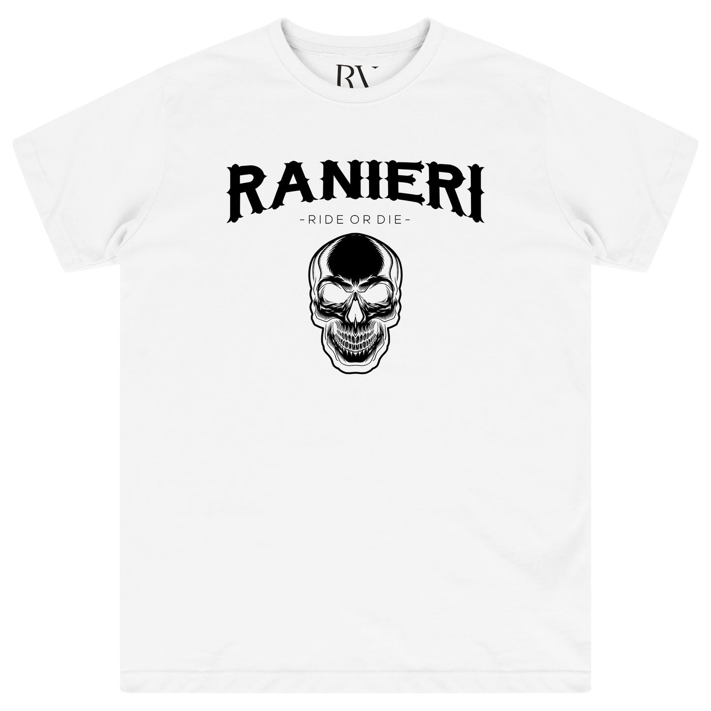 White oversized Ride or Die T-Shirt featuring bold black “Ride or Die” front print and a round neckline.