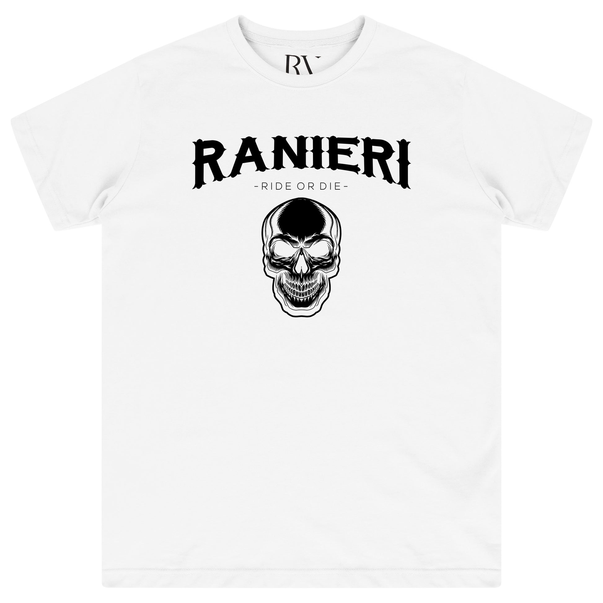 White oversized Ride or Die T-Shirt featuring bold black “Ride or Die” front print and a round neckline.