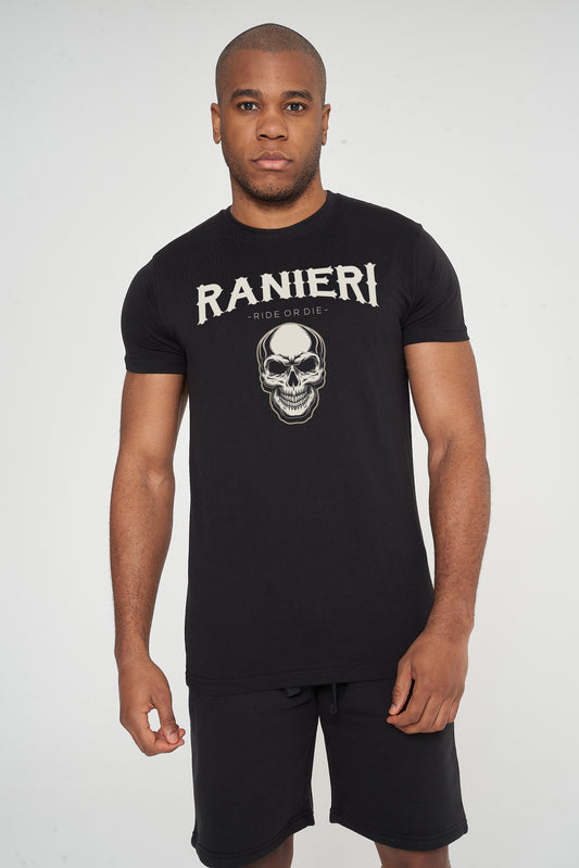 Male model wearing black Ride or Die T-shirt with Ranieri skull graphic and shorts – regular fit.