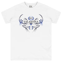 White oversized T-shirt featuring a bold royal blue peacock graphic centered on the chest with a crew neckline.