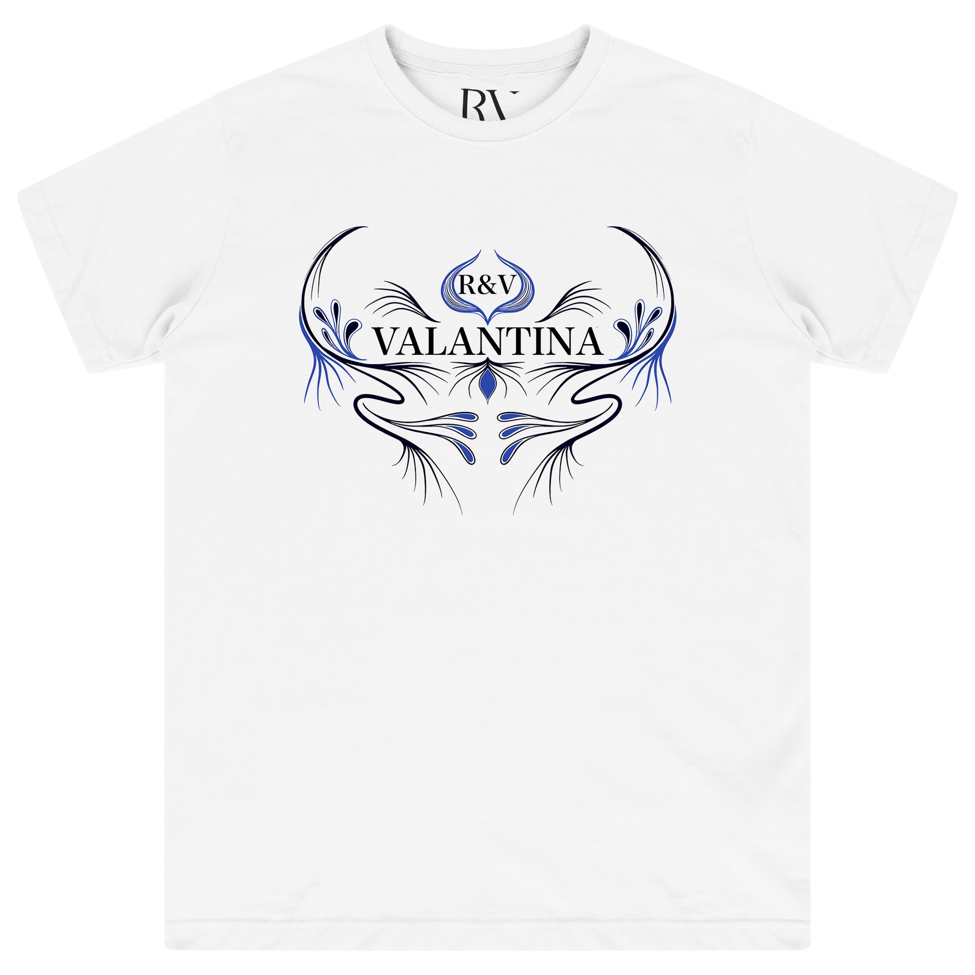 White oversized T-shirt featuring a bold royal blue peacock graphic centered on the chest with a crew neckline.