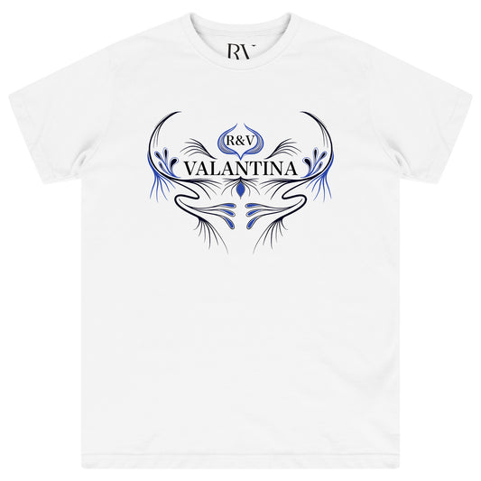 White oversized T-shirt featuring a bold royal blue peacock graphic centered on the chest with a crew neckline.