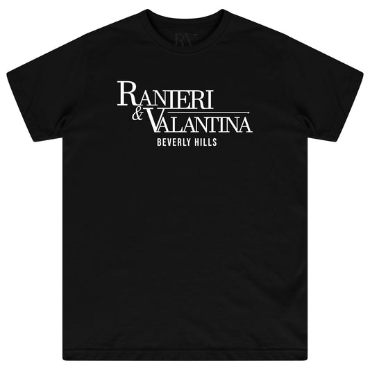 Black oversized Signature Beverly Hills T-shirt featuring bold “Ranieri & Valentina Beverly Hills” white logo, flat lay front view.