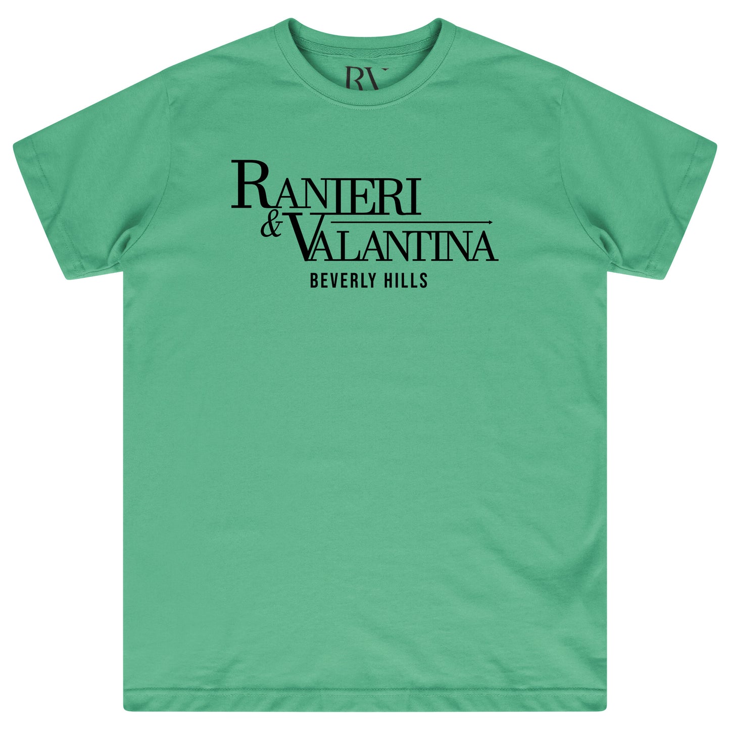 Green oversized T-shirt featuring “Ranieri & Valentina Beverly Hills” black logo print, flat lay front view.