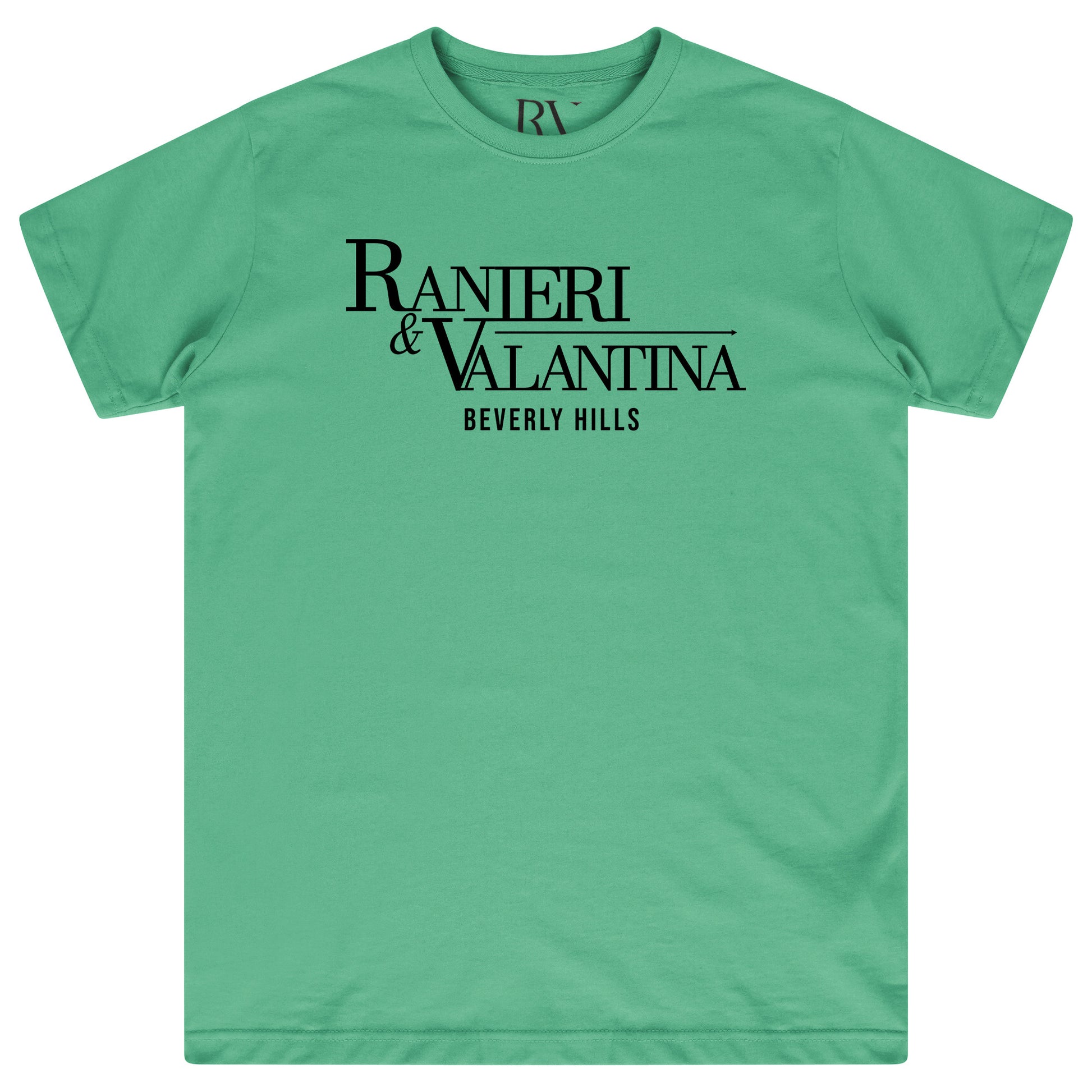 Green oversized T-shirt featuring “Ranieri & Valentina Beverly Hills” black logo print, flat lay front view.