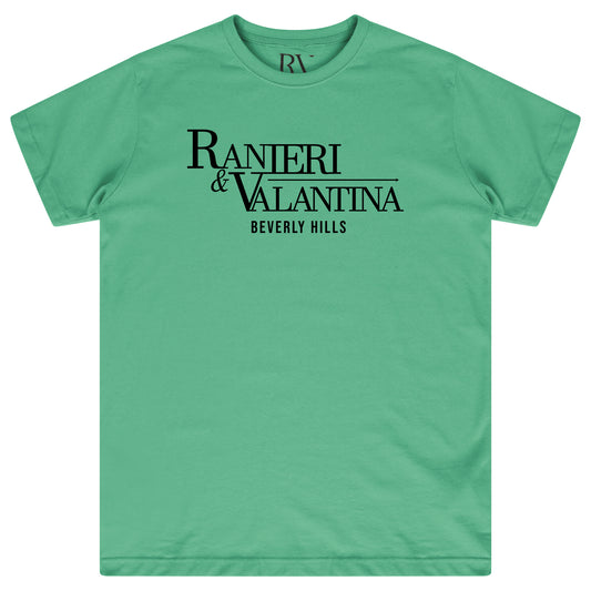 Green oversized T-shirt featuring “Ranieri & Valentina Beverly Hills” black logo print, flat lay front view.