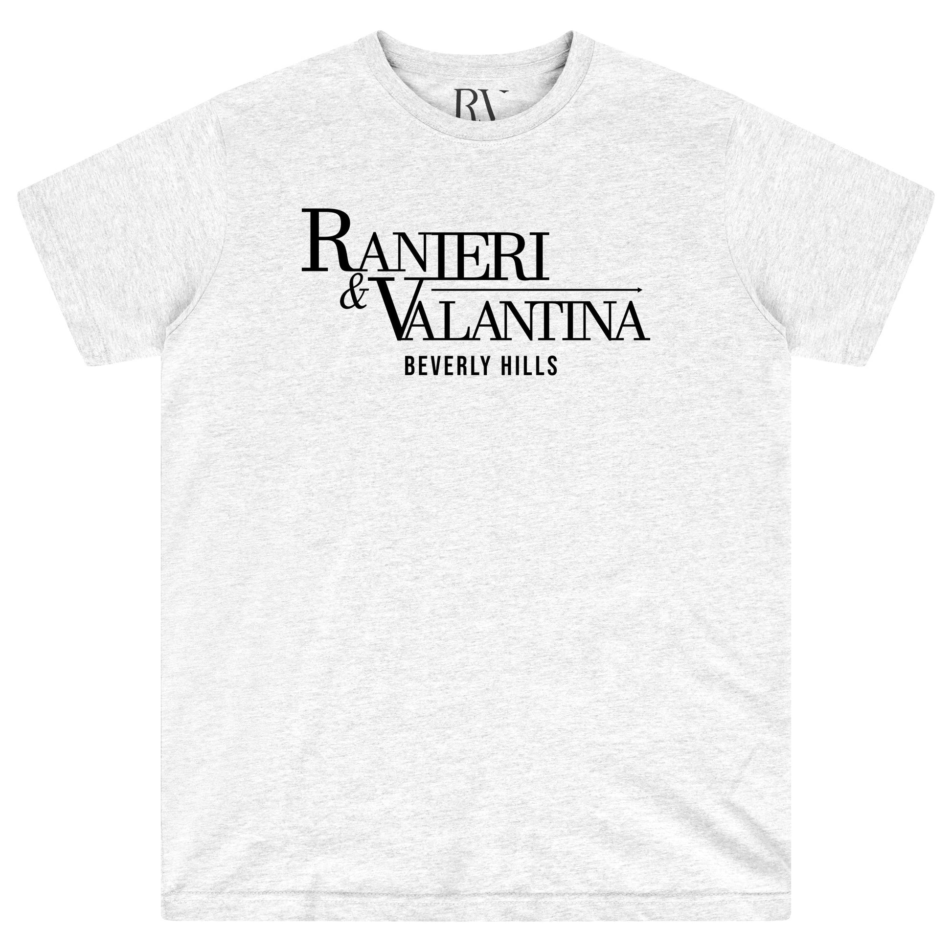 Grey oversized Signature Beverly Hills T-shirt with black “Ranieri & Valentina Beverly Hills” logo, flat lay front view.