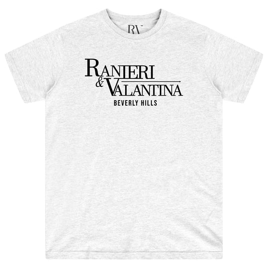 Grey oversized Signature Beverly Hills T-shirt with black “Ranieri & Valentina Beverly Hills” logo, flat lay front view.