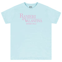 Turquoise oversized T-shirt with “Ranieri & Valentina Beverly Hills” pink logo, flat lay front view.