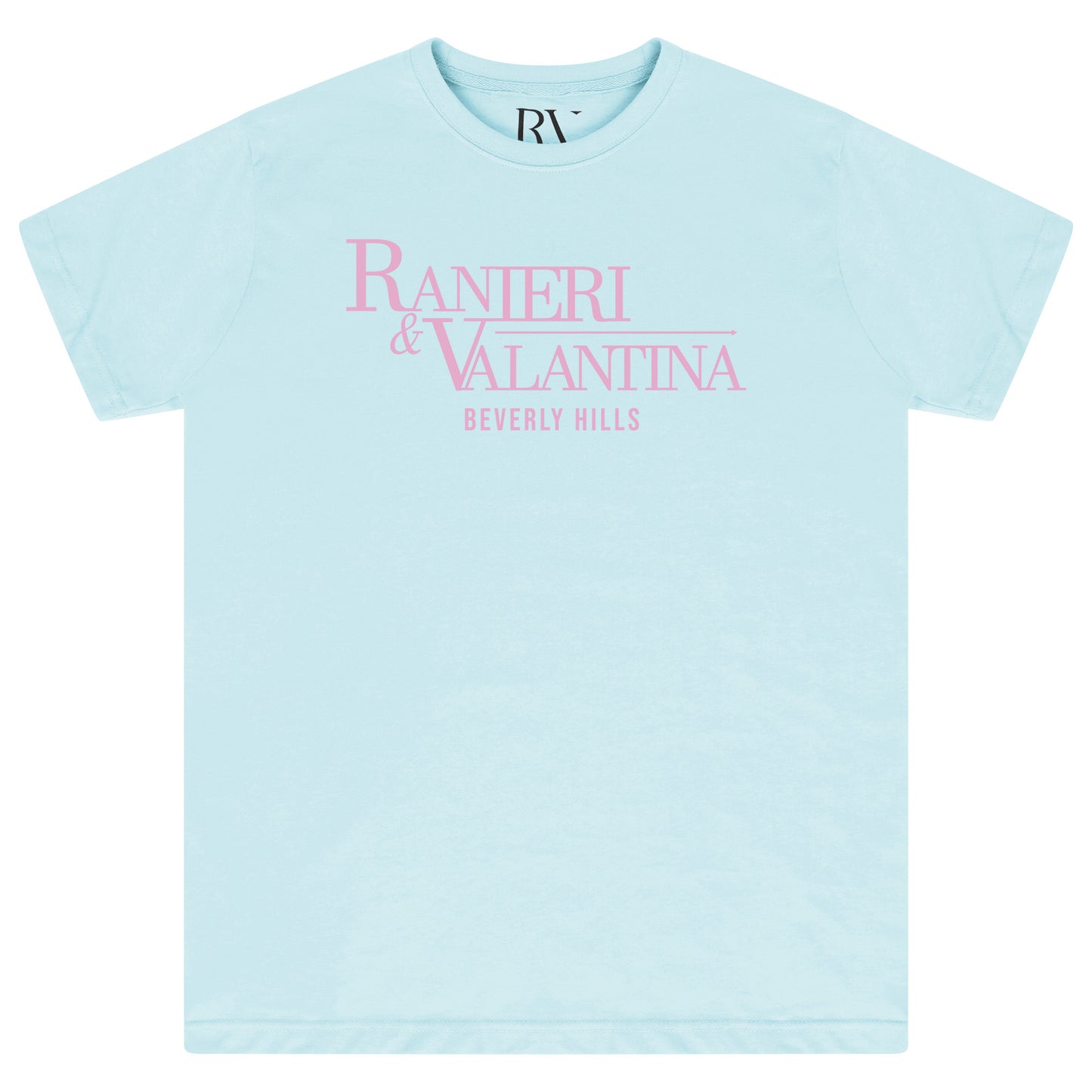 Turquoise oversized T-shirt with “Ranieri & Valentina Beverly Hills” pink logo, flat lay front view.