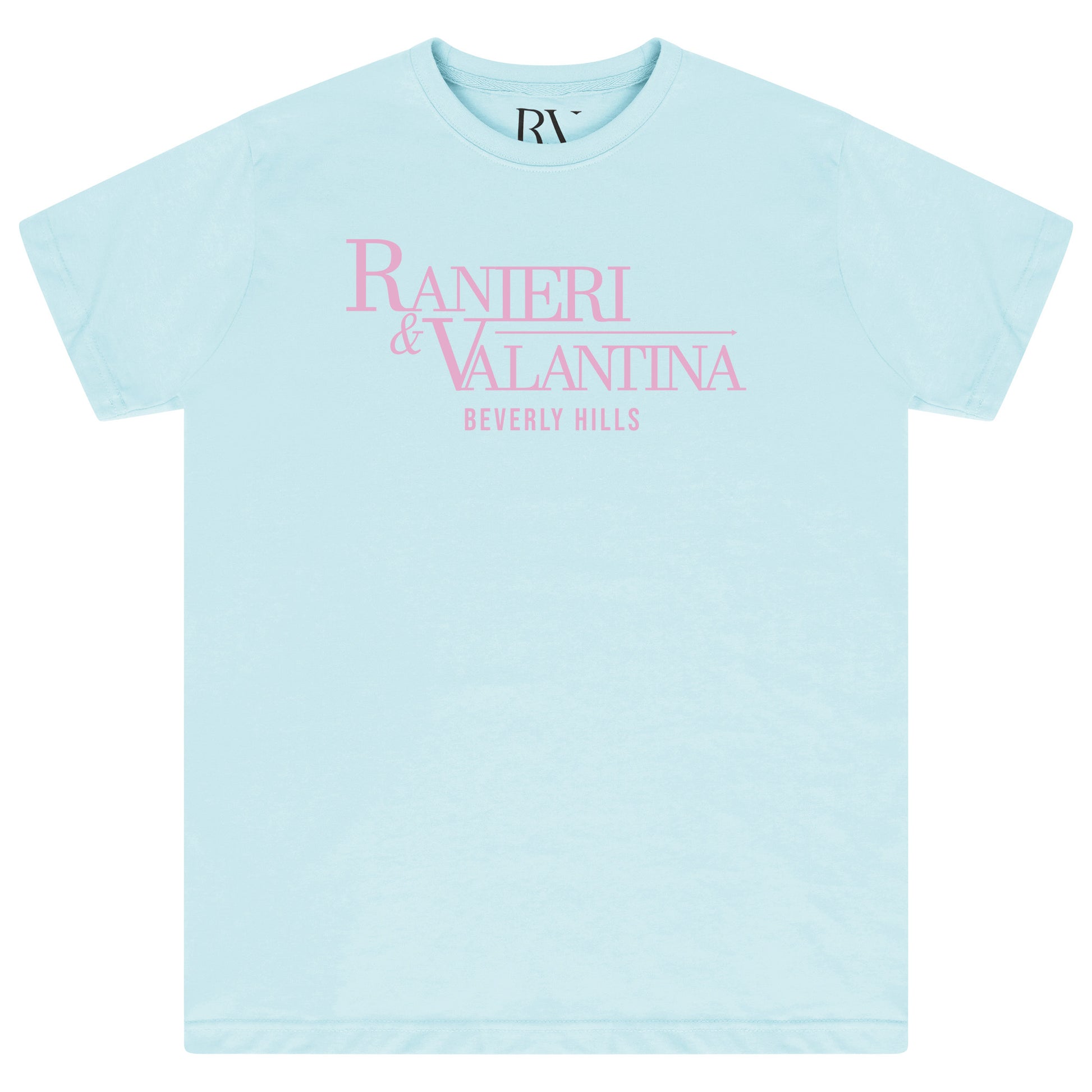 Turquoise oversized T-shirt with “Ranieri & Valentina Beverly Hills” pink logo, flat lay front view.