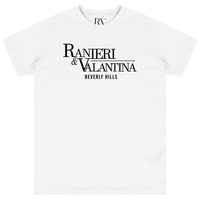 White oversized Signature Beverly Hills T-shirt featuring “Ranieri & Valentina Beverly Hills” black logo, flat lay front view.