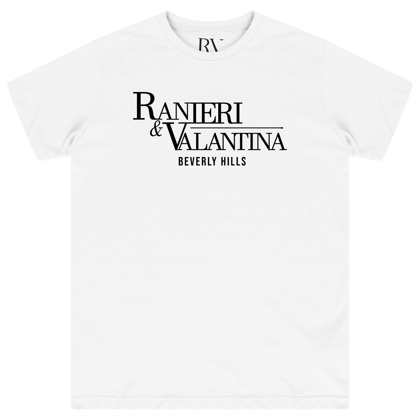White oversized Signature Beverly Hills T-shirt featuring “Ranieri & Valentina Beverly Hills” black logo, flat lay front view.
