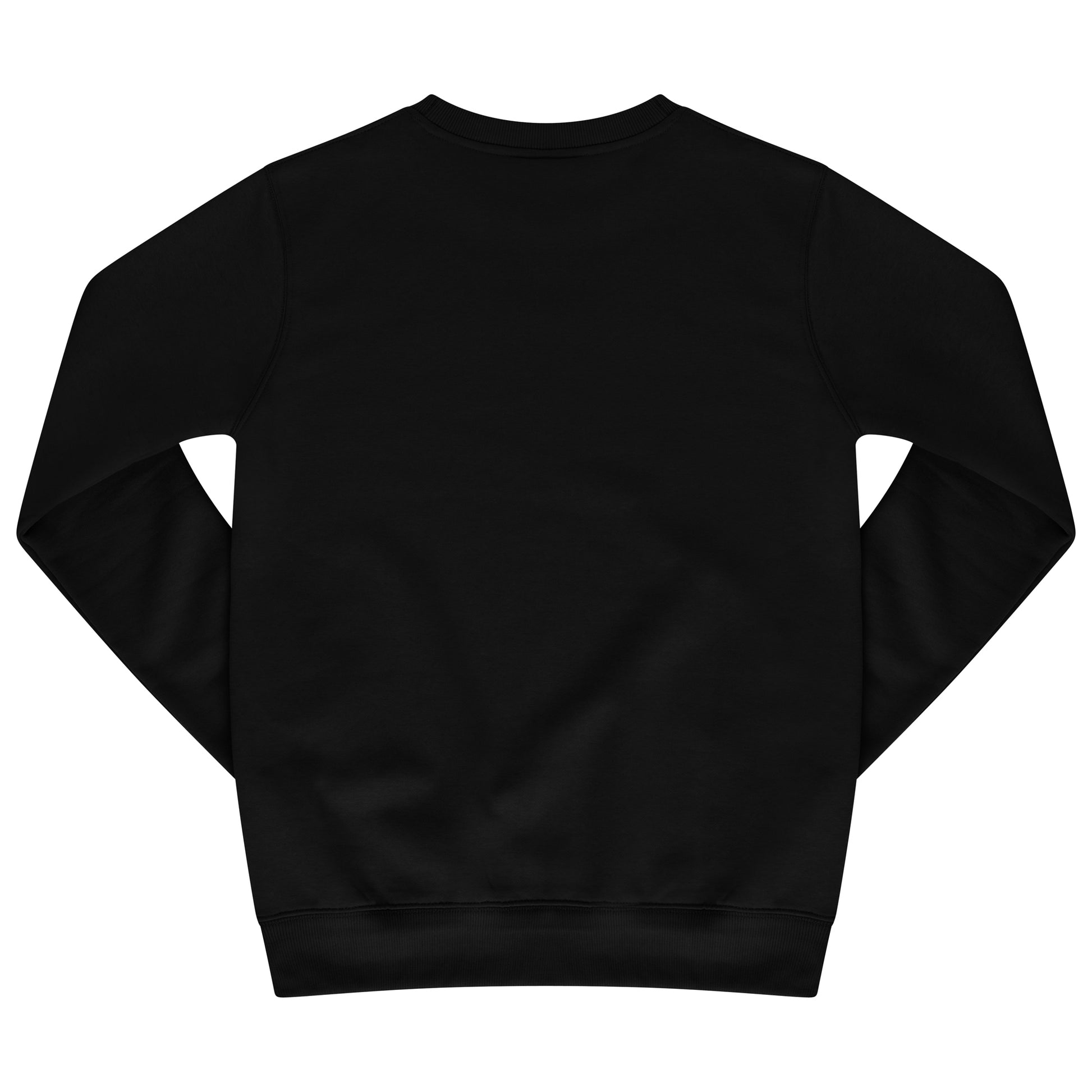 Rear view of black sweatshirt highlighting ribbed cuffs, hem, and plain design.