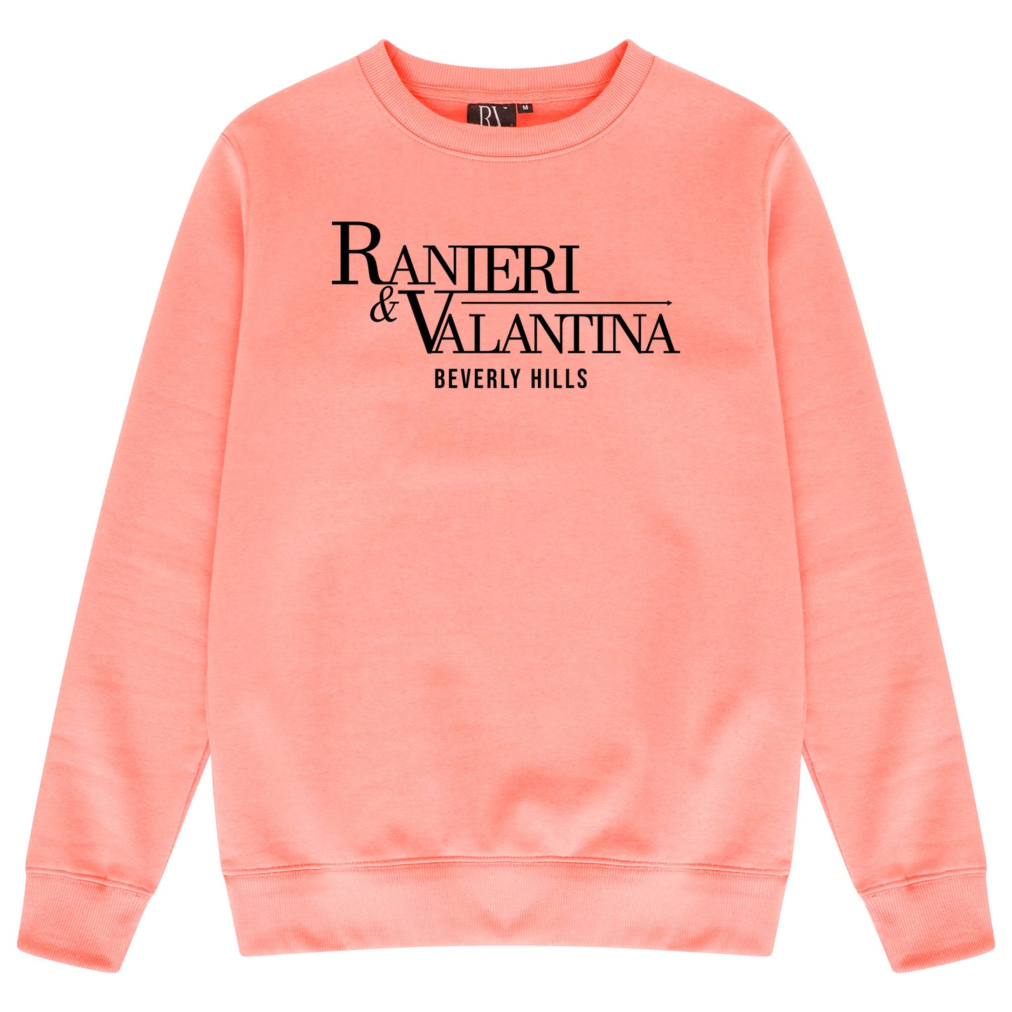 Coral Signature Beverly Hills sweatshirt with bold “Ranieri & Valentina Beverly Hills” logo and crew neckline.
