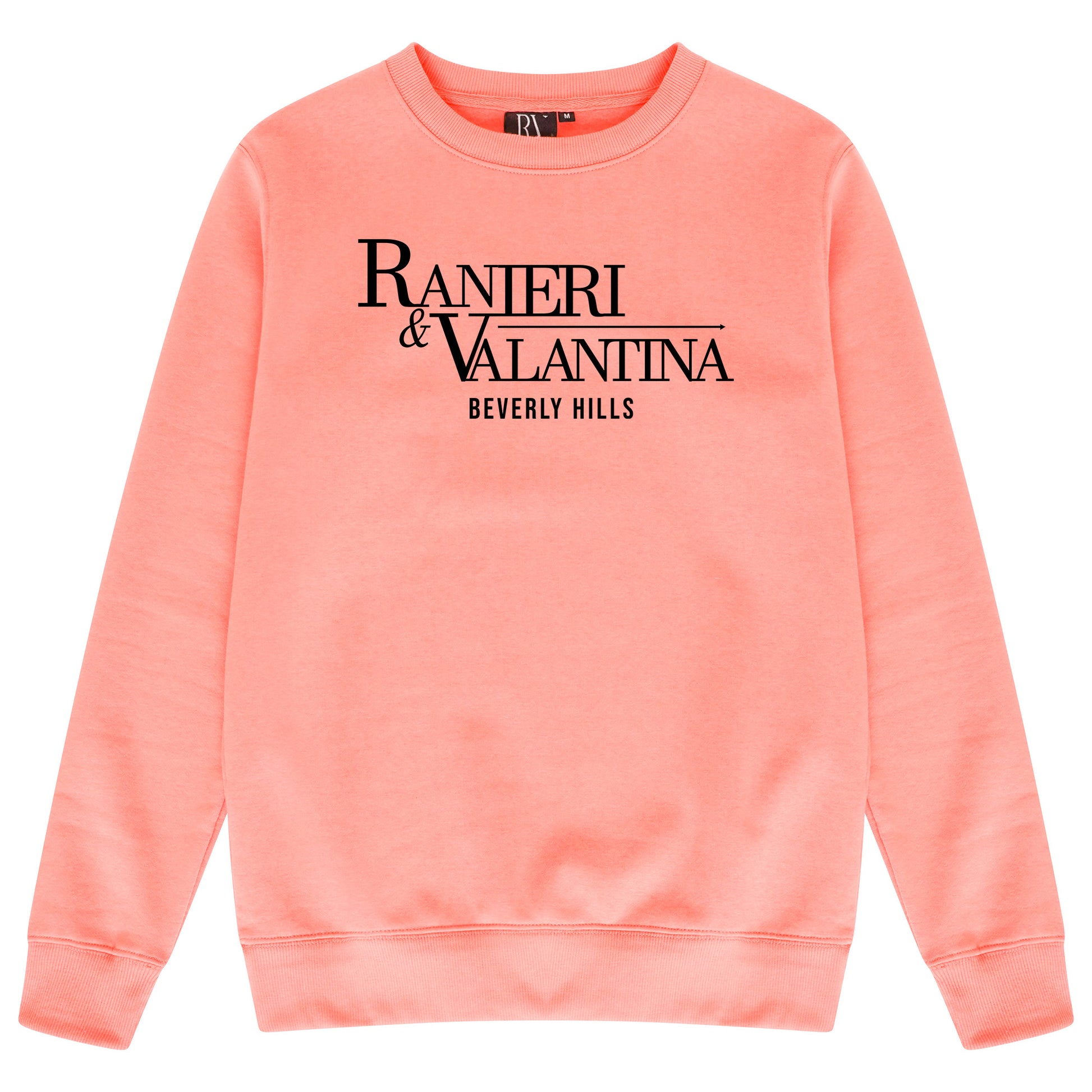 Coral Signature Beverly Hills sweatshirt with bold “Ranieri & Valentina Beverly Hills” logo and crew neckline.