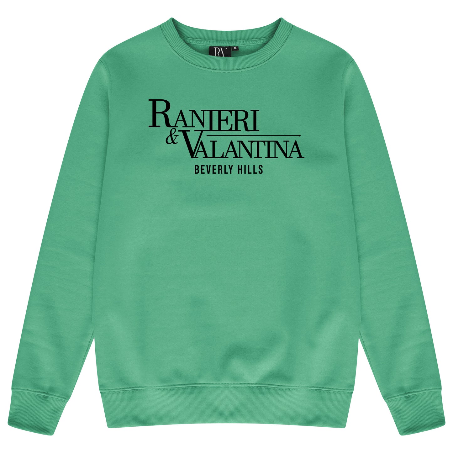 Green Signature Beverly Hills sweatshirt featuring black logo print and classic crew neckline.