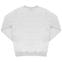 Rear view of grey sweatshirt with plain back, ribbed trims, and relaxed fit.