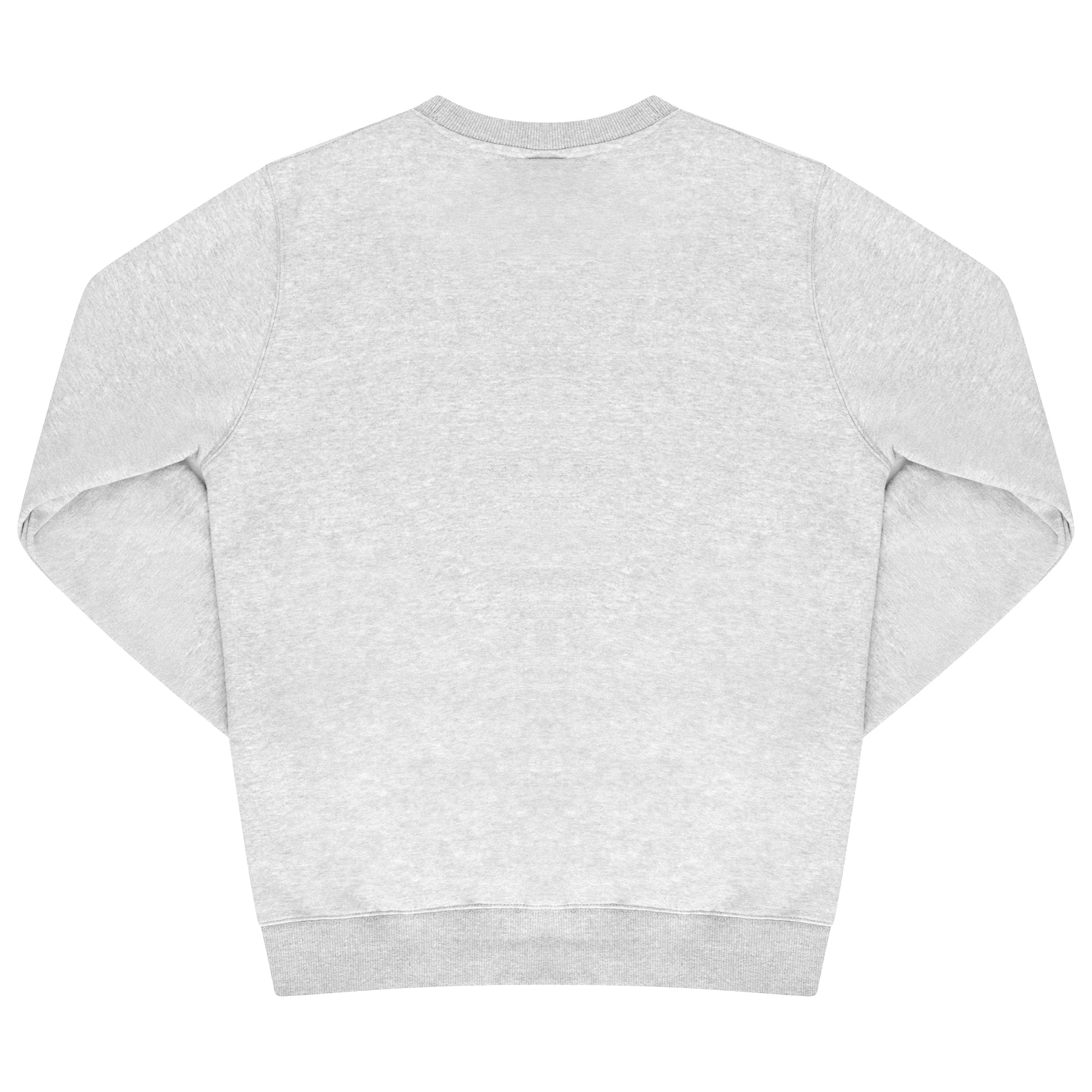 Rear view of grey sweatshirt with plain back, ribbed trims, and relaxed fit.